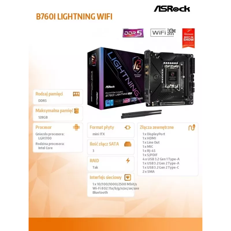 ASRock B760I Lightning WiFi DDR5 Mini-ITX LGA1700 Płyta główna