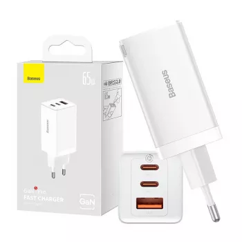 Ładowarka sieciowa Baseus GaN5 Pro 65 W — USB + 2×USB-C (QC3.0, PD3.0) z kablem USB-C 1 m, biała