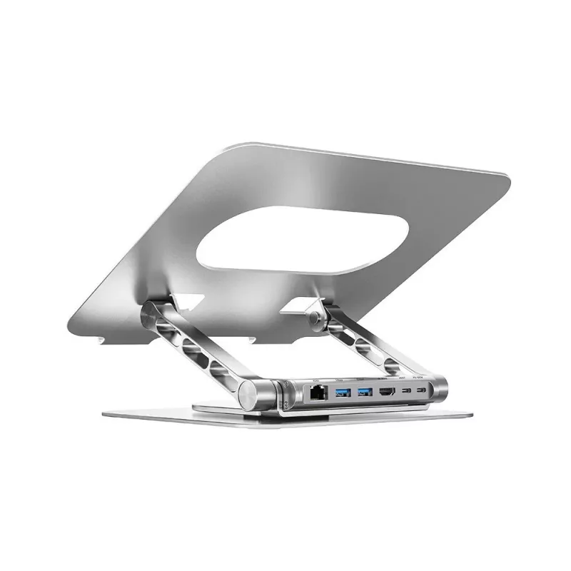 Stojak na laptopa Unitek D1109B01 — aluminiowy regulowany stojak z odłączanym modułem USB‑C HDMI 4K PD 100W, 2x USB‑A, RJ‑45, do 17 cali