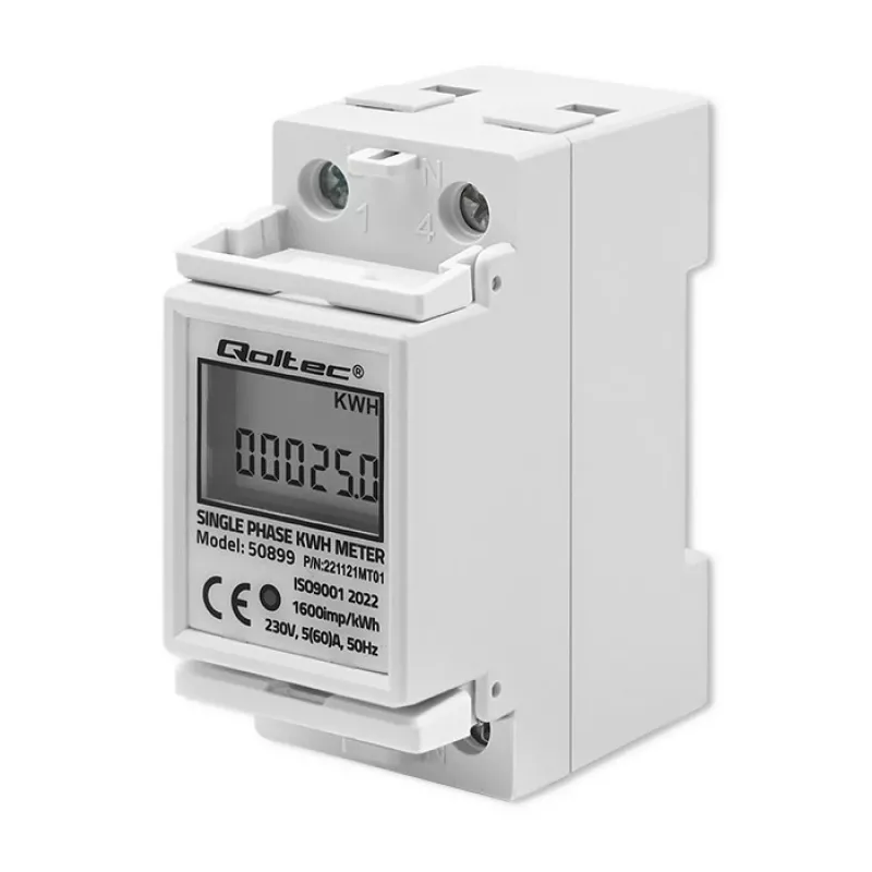 Jednofazowy licznik zużycia energii QOLTEC 50899 230 V 50 Hz, 5(60)A, Klasa 1.0, Wyświetlacz