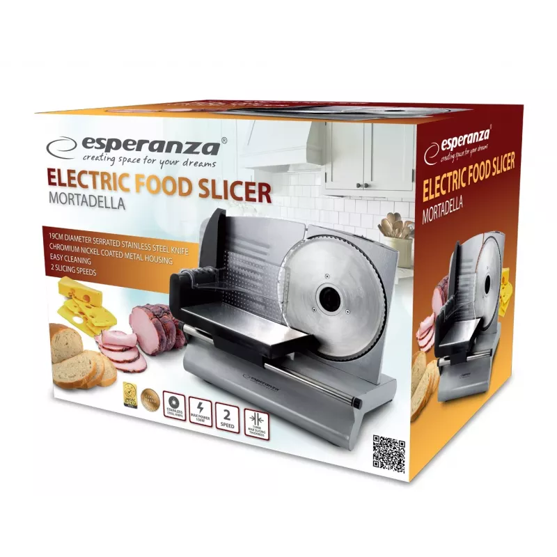 Krajalnica elektryczna ESPERANZA EKM018K, obudowa ze stali nierdzewnej, 150 W, ostrze 19 cm, maks. grubość plastra 1,5 cm