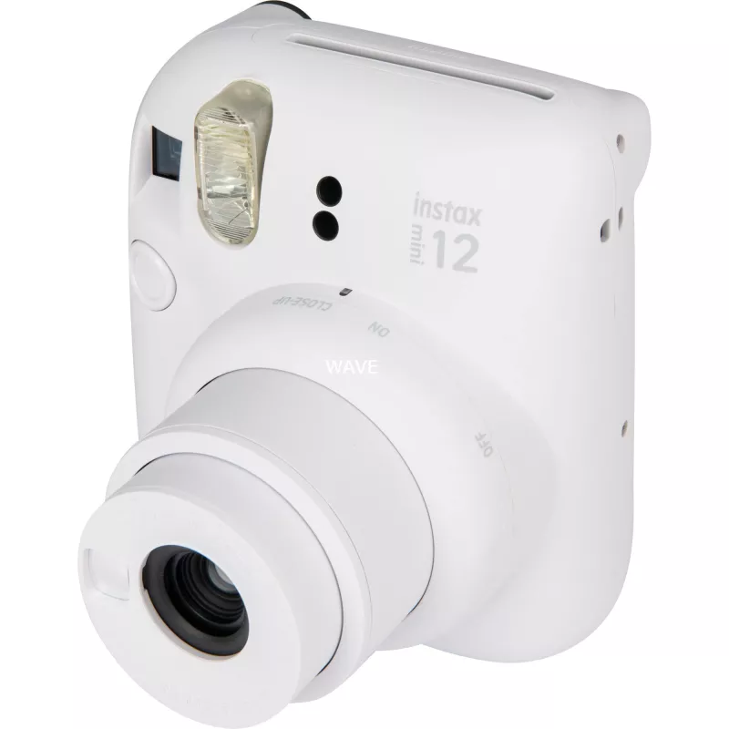 Aparat natychmiastowy Fujifilm Instax Mini 12 biały — odbitki 86×54 mm, ogniskowa 60 mm, bateria AA
