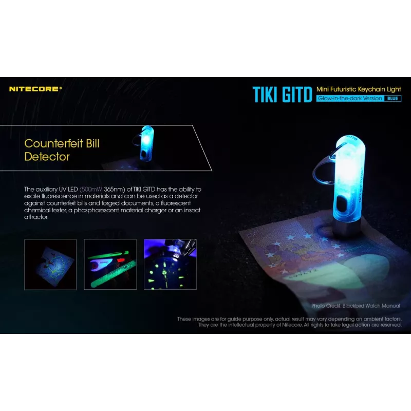 Latarka na klucze Nitecore TIKI GITD niebieski — szara, ładowana przez USB, 1 lm, 55 mm, 12 g, IP66, odporna na wstrząsy