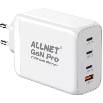 ALLNET Power Supply PSU-GaNPD-USB-1A3C-200W — 200W GaN USB ładowarka, 1× USB-A, 3× USB-C