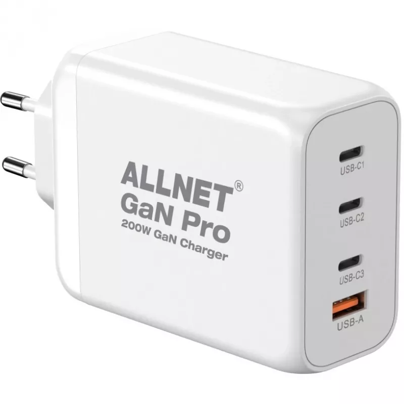 ALLNET Power Supply PSU-GaNPD-USB-1A3C-200W — 200W GaN USB ładowarka, 1× USB-A, 3× USB-C