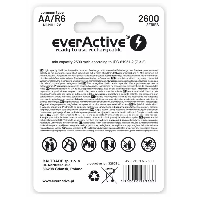 Baterii Reincarcabile R6 AA 2600mAh EverActive Professional zawartość opakowania 1x blister