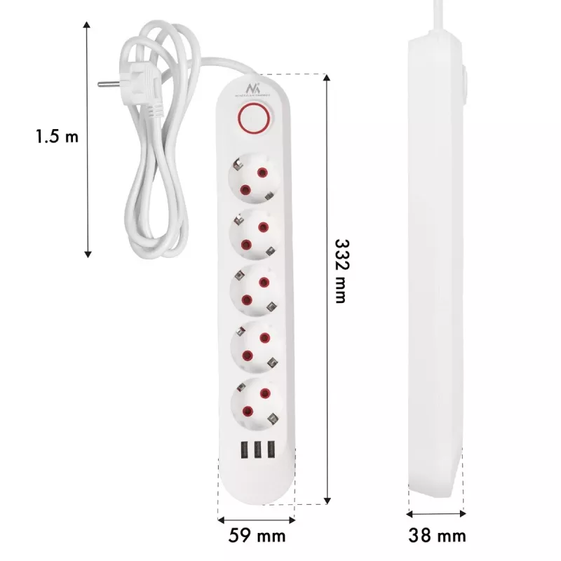 Listwa zasilająca MACLEAN MCE395 W — 5 gniazd, 3× USB A, 110–240 V AC, 2,1 A USB, maks. 2500 W, biała, kabel 1,5 m