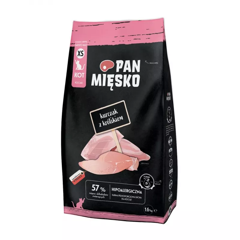 Sucha karma dla kota Pan Miesko Chicken with Rabbit XS 1,6 kg — małe kąski, dla juniorów, 39% białka