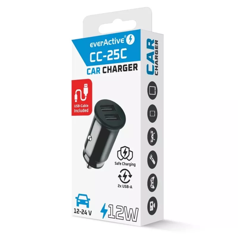 Ładowarka samochodowa everActive CC-25C 2x USB-A + USB-C, 12W, zasilacz USB do samochodu