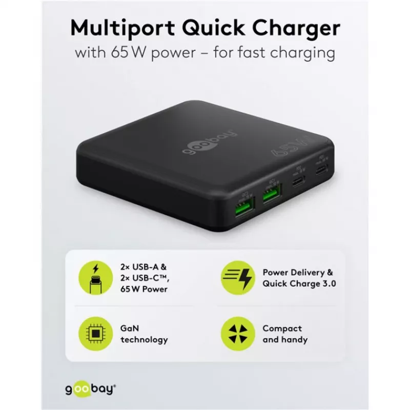 GOOBAY wieloportowa ładowarka biurkowa USB-C PD GaN 65 W, czarna