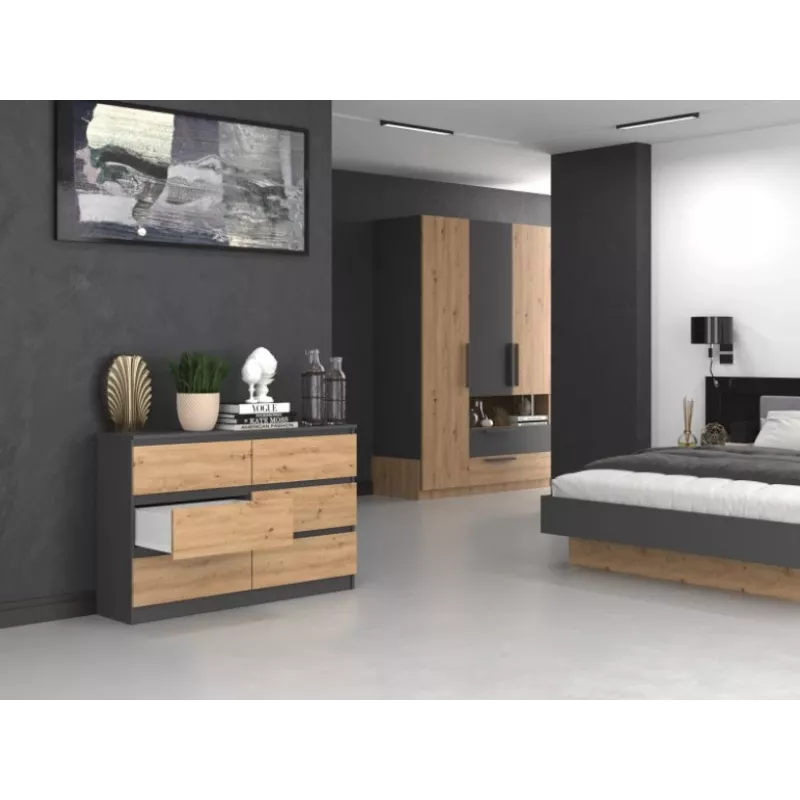 Komoda top e shop M6 120 — antracyt/dąb, 6 szuflad, 1200×300×770 mm, płyta wiórowa