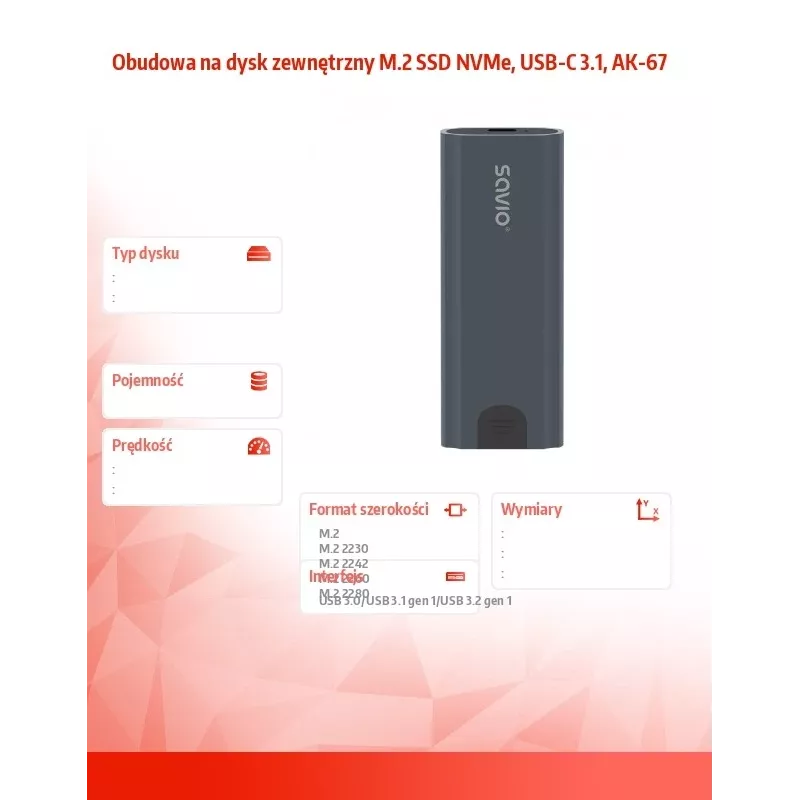 Obudowa M.2 SSD SAVIO AK-67 szara, USB 10 Gbit/s, obsługa pojedynczego dysku M.2