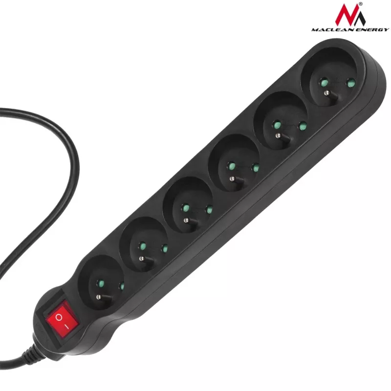 Listwa zasilająca MACLEAN MCE225 — kabel 1,5 m, 6 gniazd AC typu F, wewnętrzna, czarna