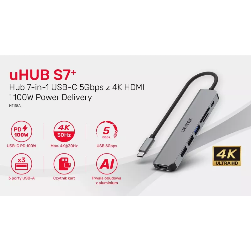USB-C Hub Unitek 7in1 Aluminium PD 100W 5 Gbps — wieloportowy adapter z Power Delivery