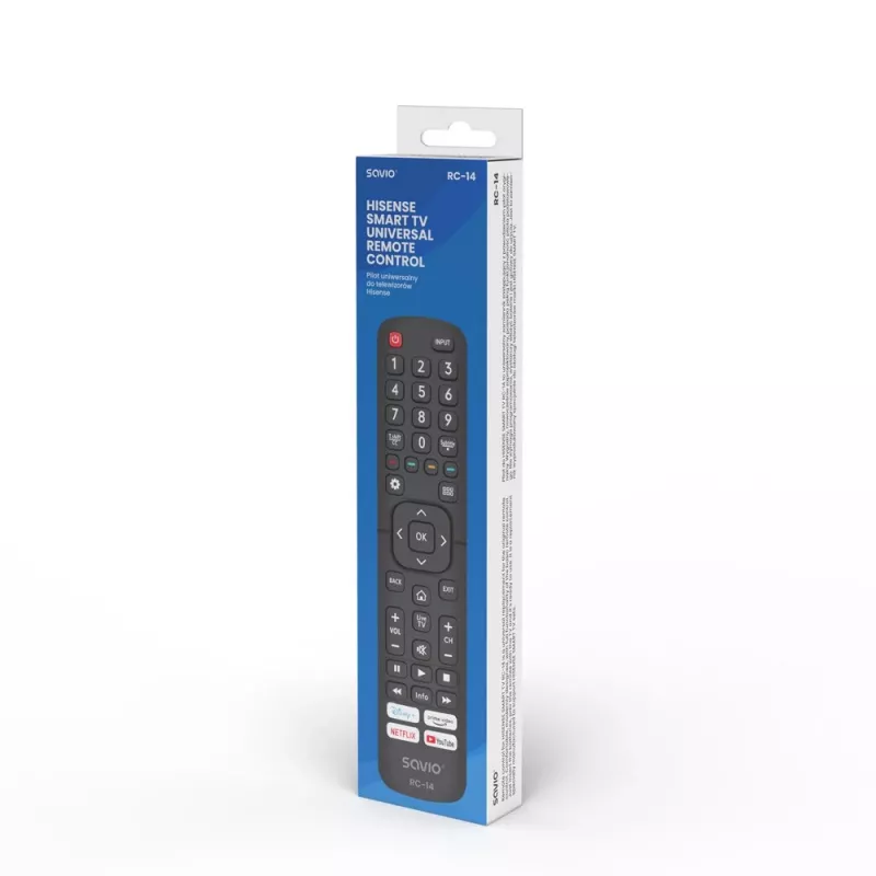 Uniwersalny pilot zdalnego sterowania SAVIO RC-14 do telewizora Hisense Smart TV, bezprzewodowy IR, obsługuje 14 urządzeń, zasięg do 10 m, czarny