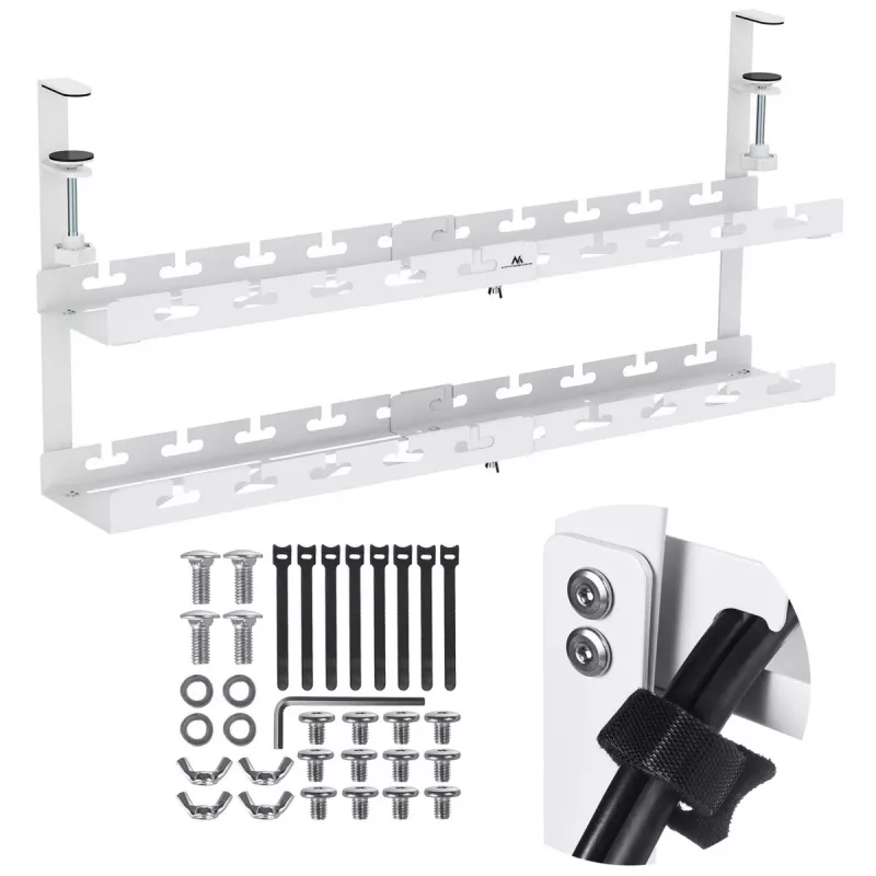 Organizator kabli pod biurko MACLEAN MC-102W — stalowy uchwyt podblatowy, regulowana długość, pasuje do biurek o grubości 0,5–5 cm, obciążenie 5 kg, biały