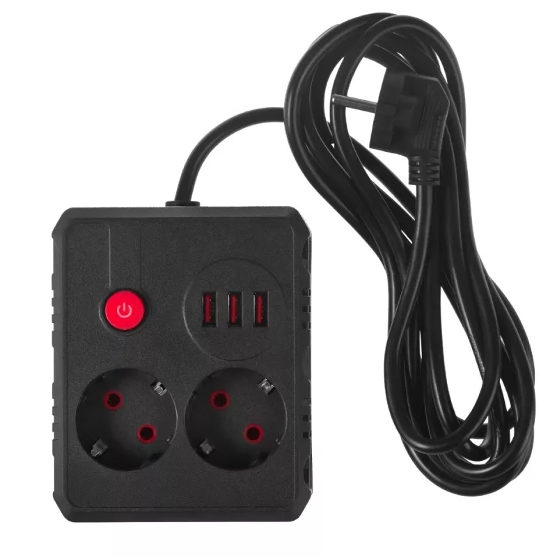 Listwa zasilająca MACLEAN MCE388 B — 2 gniazda AC, 3×USB A, 110–120V 50/60Hz, 2500W, kabel 3 m, czarny