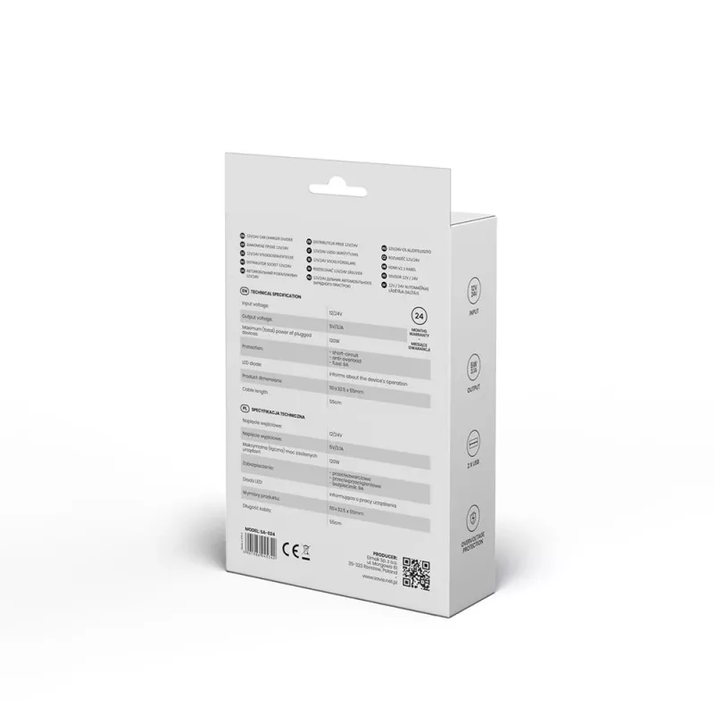 Ładowarka samochodowa USB SAVIO SA-024 — uniwersalna ładowarka do urządzeń mobilnych, wejście 12–24 V, wyjście 5 V, czarna, gniazdo zapalniczki