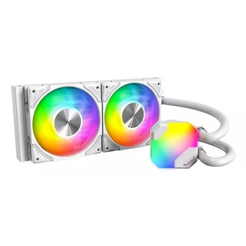 Chłodzenie wodne AIO Montech Hyper Flow ARGB 240 mm Białe — grzejnik 240 mm, podświetlenie ARGB, białe wykończenie
