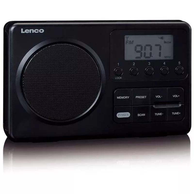 Przenośne radio Lenco MPR-035BK — FM/AM, zasilanie sieciowe i bateryjne, 2,5-calowy wyświetlacz LCD, 20 stacji FM w pamięci, wyjście 3,5 mm