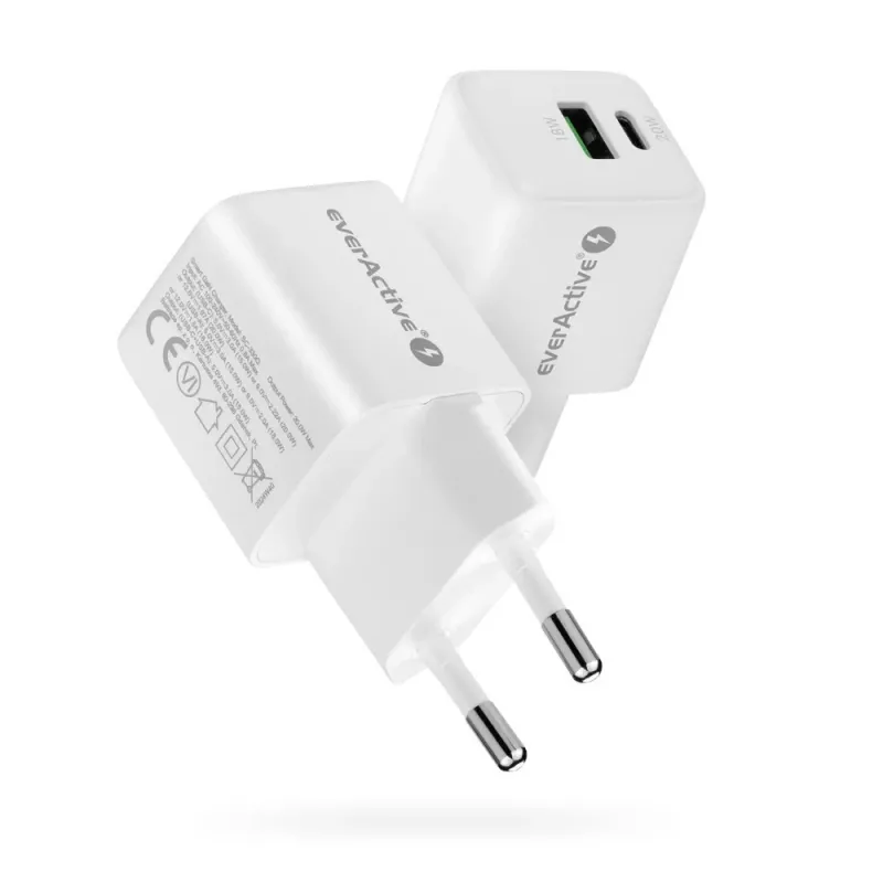 Ładowarka sieciowa everActive SC-330Q z 1x USB-A i 1x USB-C, 20W, biała