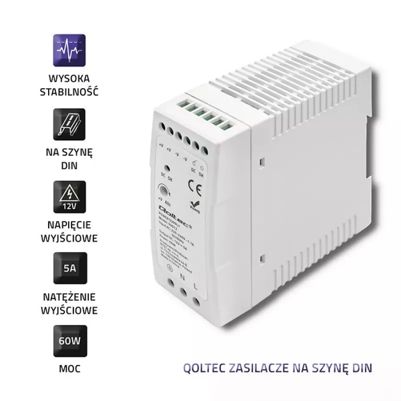Zasilacz na szynę DIN Qoltec | 60 W | 12 V | 5 A | Biały | cienki