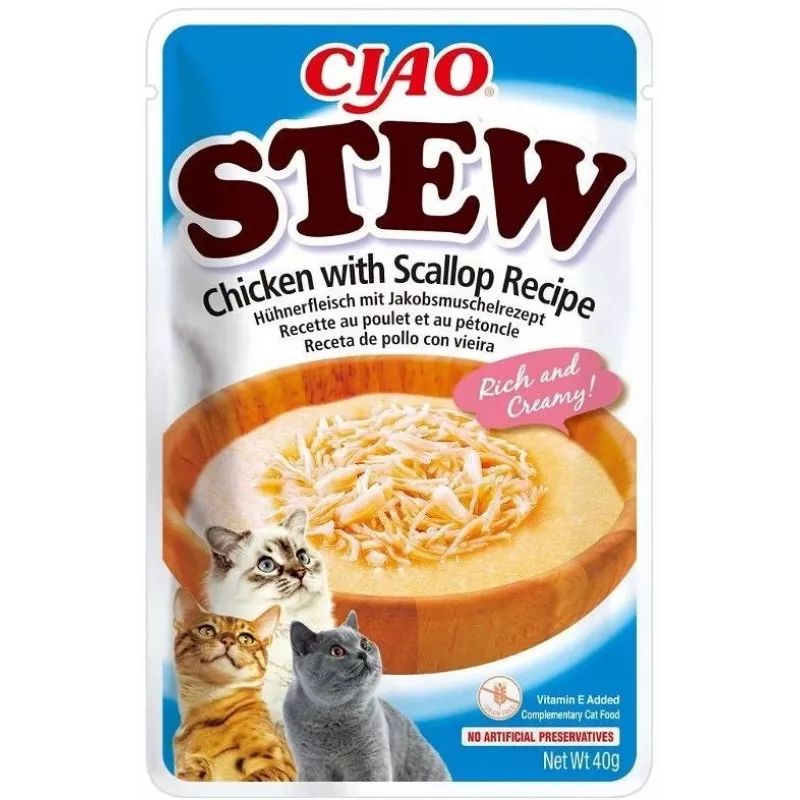 Mokre przysmaki dla kota INABA Ciao Stew Chicken & Scallop saszetka 40 g — bezzbożowe, dla dorosłych, mięsne