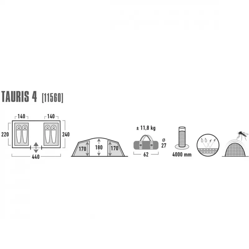 High Peak Tauris 4 zielony, szary namiot tunelowy 11560