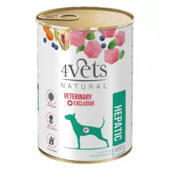 Mokra karma w puszce dla psów 4vets Natural Hepatic 400 g — dieta weterynaryjna wspomagająca wątrobę, indyk, 77% wilgotności