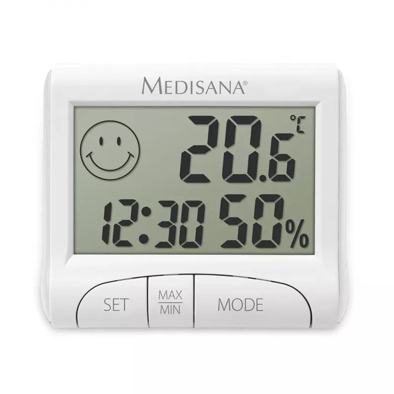 Elektroniczny higrometr wewnętrzny Medisana HG 100 — termometr cyfrowy, wilgotność 20–90%, temp. -10–50 °C, wyświetlacz stołowy, bateria AAA