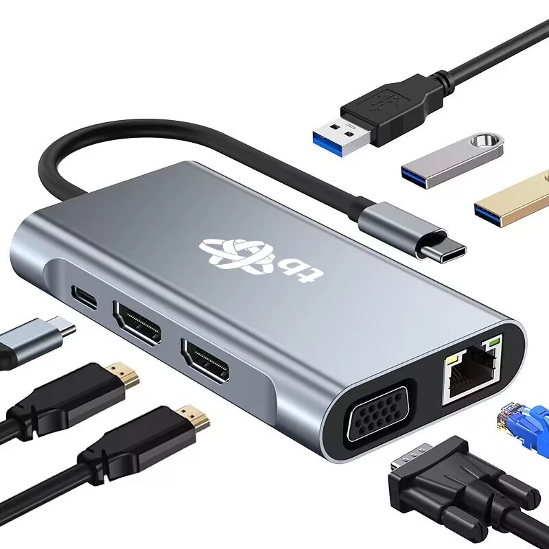 HUB 8w1 Adapter USB C HDMI x2 USB VGA RJ45 PD