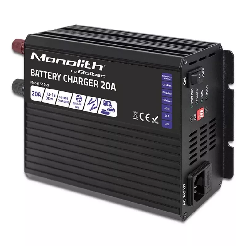 Ładowarka QOLTEC Monolith 20A 12V do akumulatorów LiFePO4, AGM, GEL, SLA