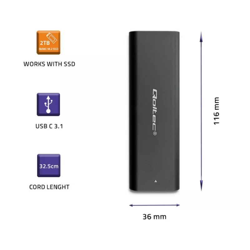 Obudowa SSD QOLTEC 50312 Czarna dla pojedynczego dysku M.2 SATA, USB Type-C (USB 2.0 / 3.2 Gen 1)