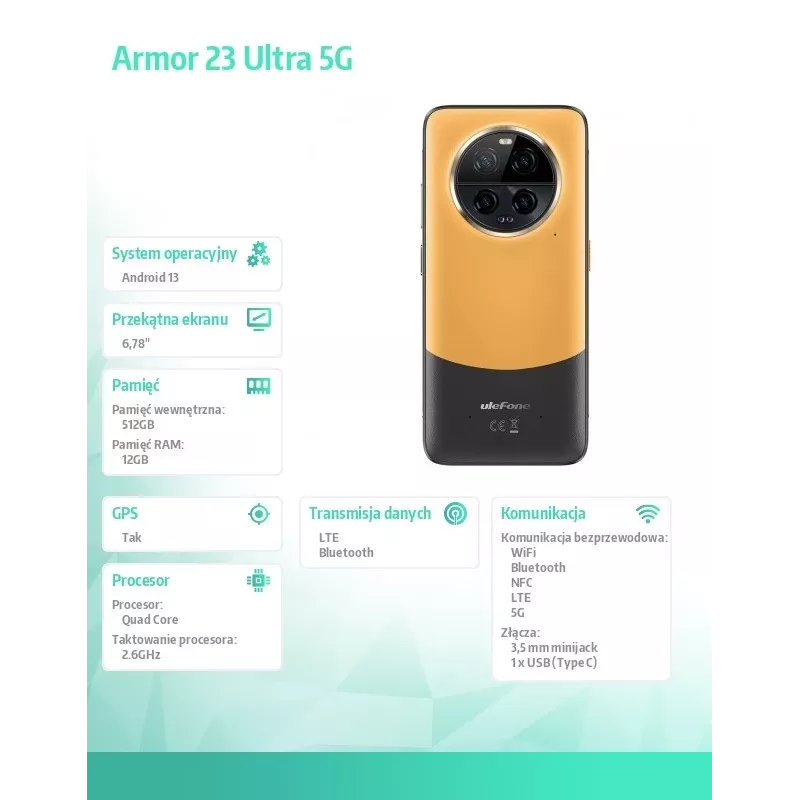 Wytrzymały smartfon UleFone Armor 23 Ultra 5G — 12 GB RAM, 512 GB pamięci, pomarańczowy