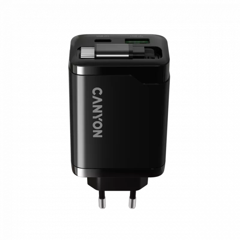 Ładowarka CANYON OnCharge 65RC z wbudowanym kablem USB-C, 65 W, 1x PD, 1x QC, wtyczka EU, czarna
