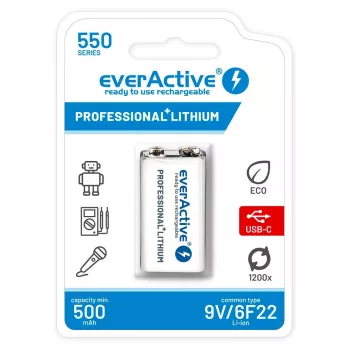 Akumulator wielokrotnego ładowania everActive 6F22/9V Li-ion 550 mAh z USB TYPE C