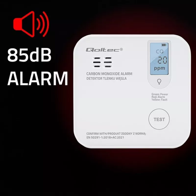 Czujnik tlenku węgla QOLTEC 52577 — alarm zasilany bateriami, poziom dźwięku 85 dB