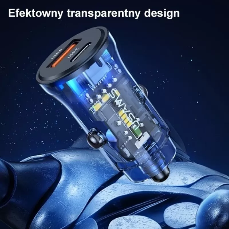 Ładowarka samochodowa usams CC164CC01 30W z 1×USB-A i 1×USB-C do szybkiego ładowania