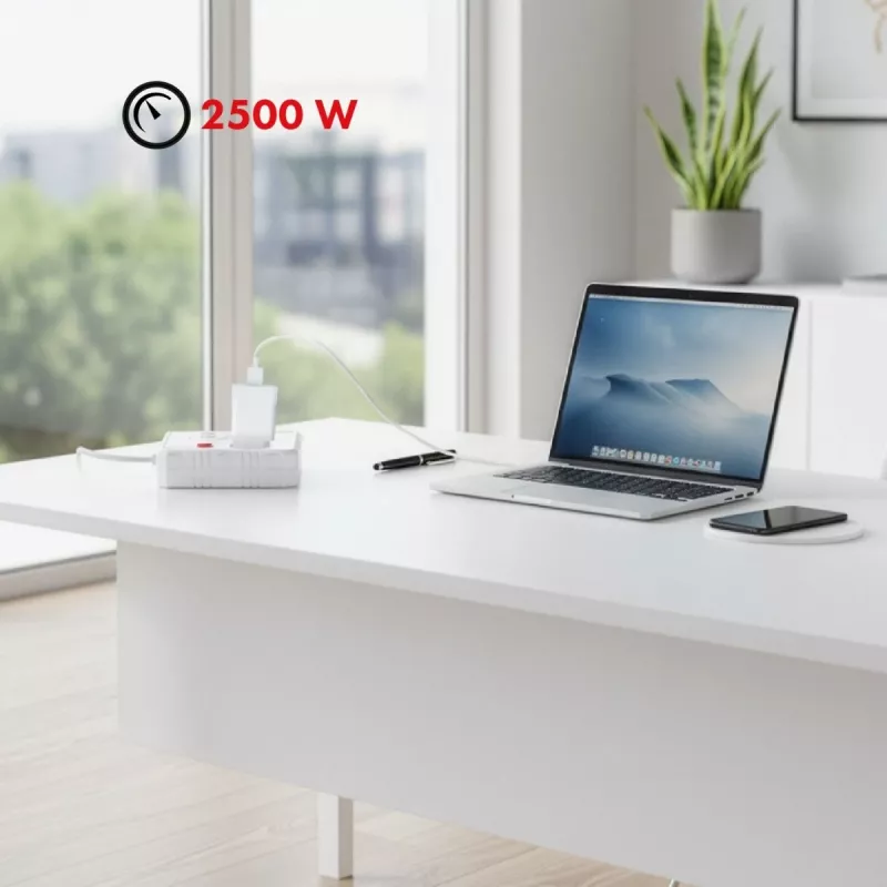 Listwa zasilająca MACLEAN MCE387 W — 2 gniazda, 3×USB A, 110–240V, 2500W, kabel 1,5 m, biała