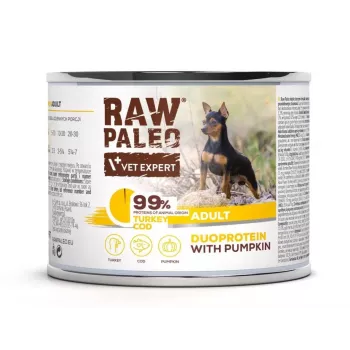 Mokra karma dla psa VETEXPERT RAW PALEO Duoprotein Indyk i Dorsz Adult 200 g, puszka, 82% wilgotności, 10,3% białka