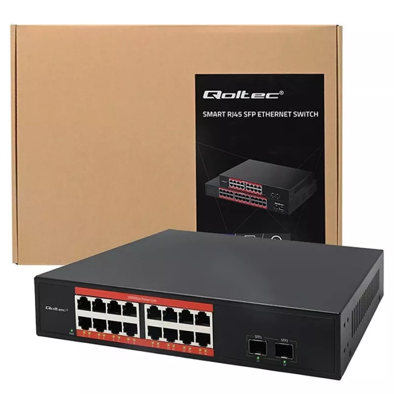 Przełącznik sieciowy QOLTEC 52364 — Gigabit Ethernet PoE 16xRJ45, 2xSFP