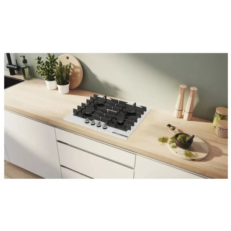 Zabudowywana płyta gazowa Bosch PPP6A2I40, 4 strefy, ruszty żeliwne, czarna, 590×520×54 mm, sterowanie pokrętłami obrotowymi