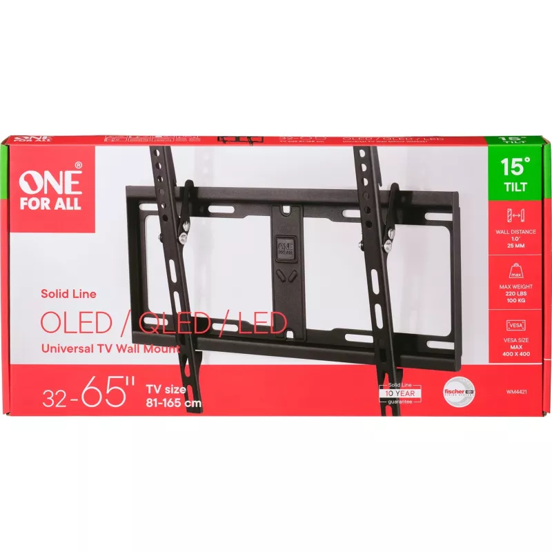 ONE FOR ALL Uchwyt ścienny, WM 4421, 32-60 cali, regulacja kąta nachylenia, maksymalne obciążenie 100 kg, VESA 100x100, 200x100, 200x200, 300x200, 300x300, 400x200, 400x300, 400x400 mm, czarny