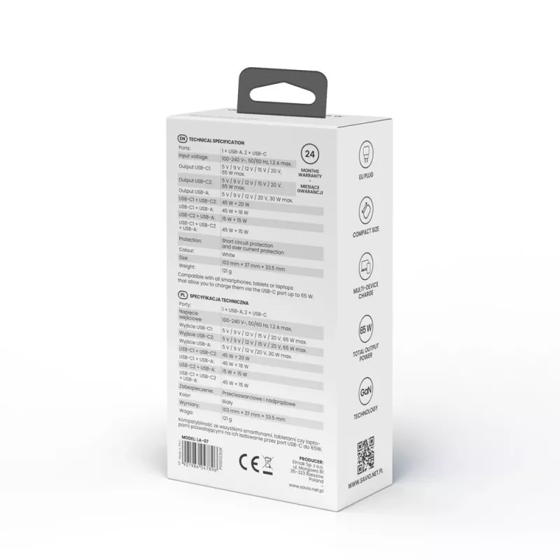 Ładowarka sieciowa SAVIO LA-07 GaN 65W, USB, QC4.0+, PD 3.0, Biała