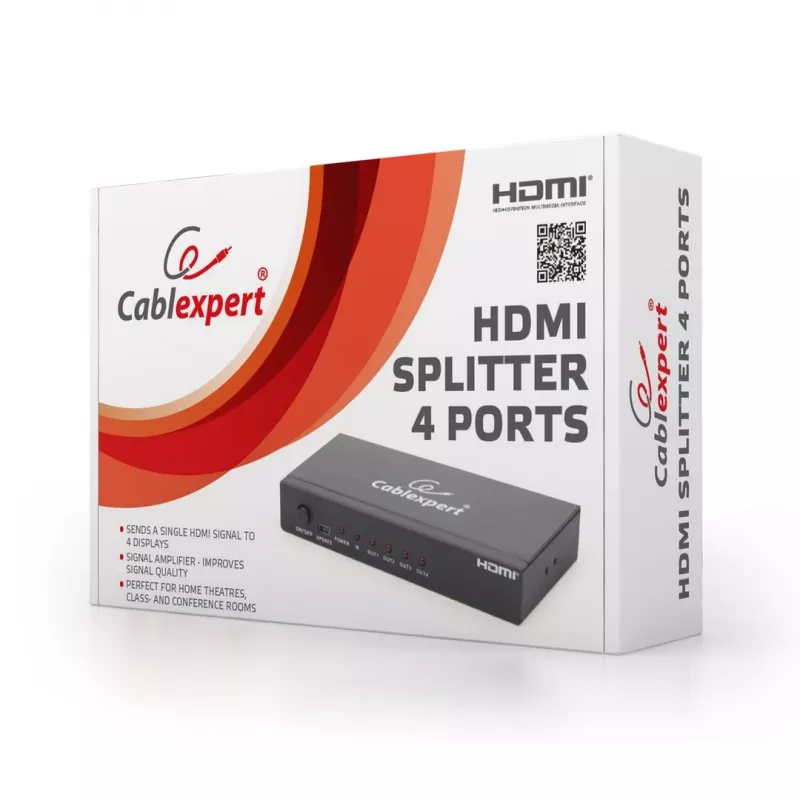 Rozdzielacz wideo HDMI GEMBIRD DSP-4PH4-02 — 4× wyjścia HDMI, HDMI 1.4, 225 MHz, obudowa stalowa, 146×73×24 mm