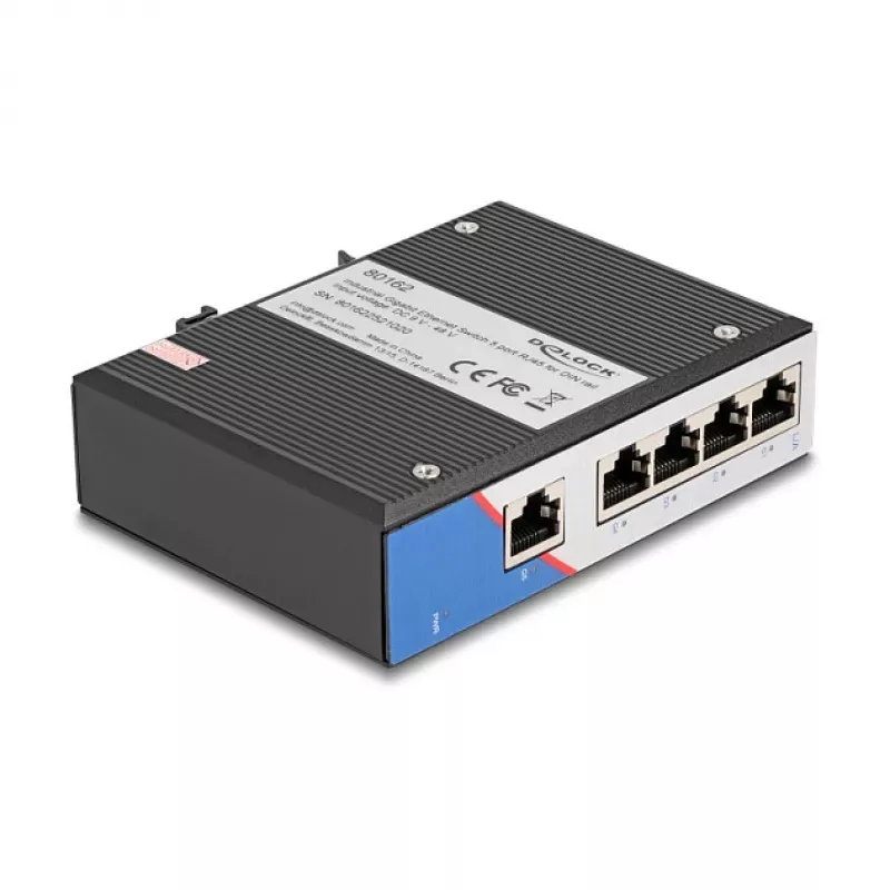 Przełącznik Ethernet DELOCK 80162 — 5-portowy Gigabit RJ45 do montażu na szynie DIN