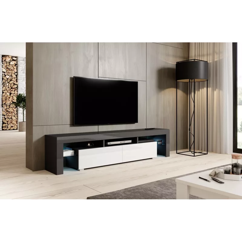 Szafka pod telewizor Cama Meble TORO 200 — 2000×350×410 mm, szary blat z płyty wiórowej, szaro-biały połysk