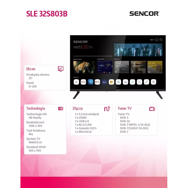 LED SMART TV SENCOR SLE 32S803B 32 cale webOS HD 1366×768, HDR10, Wi‑Fi, Bluetooth, DVB‑T/T2/C/S/S2, 3×HDMI, 2×USB