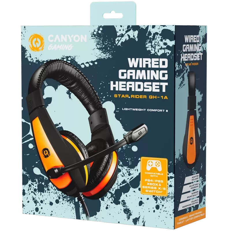 CANYON Star Raider GH-1A, Słuchawki gamingowe 3.5mm jack z regulowanym mikrofonem i regulacją głośności, z adapterem 2w1 3.5mm, kabel 2M, Czarny, 0.23kg
