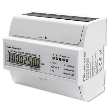 Qoltec Trójfazowy Dwukierunkowy Licznik Elektroniczny | Licznik energii na szynę DIN | 400V | 100A | LCD | 4P